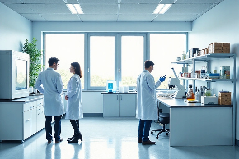 Obraz przedstawiający proces rozwoju produktu w Glucomenzhub, z naukowcami pracującymi w laboratorium, analizującymi próbki i dyskutującymi nad wynikami badań.