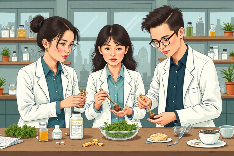 Rysunek przedstawiający początki firmy Glucomenzhub, z naukowcami pracującymi w laboratorium nad naturalnymi składnikami.