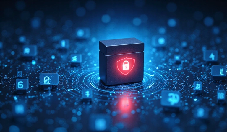Ilustracja przedstawiająca bezpieczne przechowywanie danych cyfrowych, z ikonami kłódek i tarcz.
